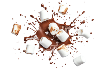 Chocolate and marshmallow splashed on a transparent background.
