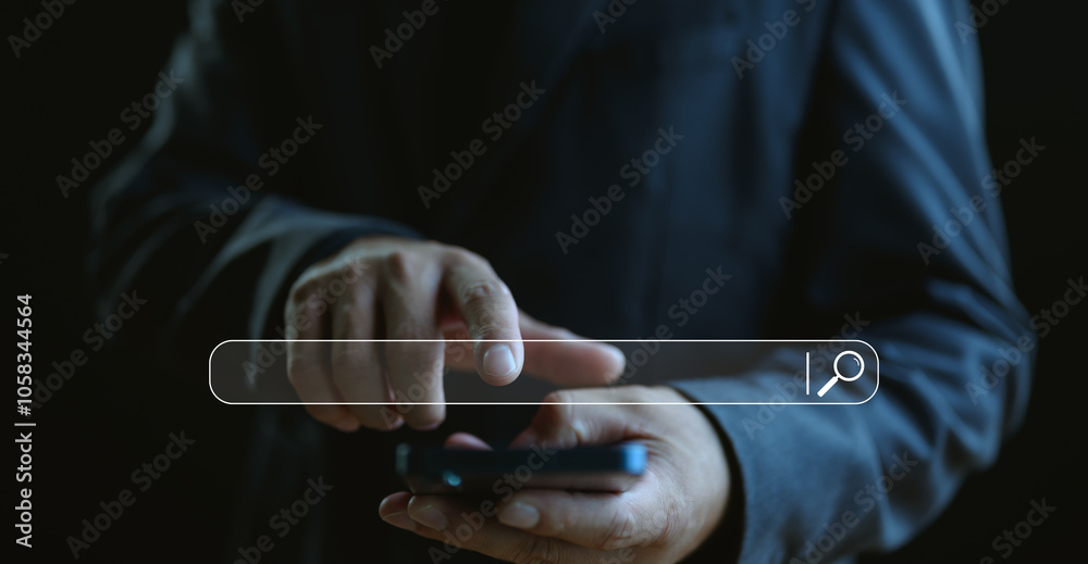 Leinwandbilder Data Search Technology, Search Engine Optimization. Man's hands are using a smartphone to searching for information. Using Search Console with your website. Experience of data search technology