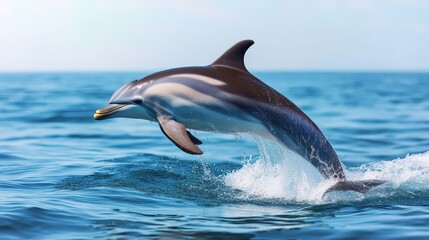 Naklejka premium A dolphin leaps gracefully above the shimmering ocean surface, capturing the beauty of marine life in motion.