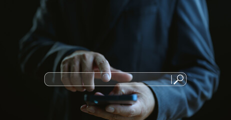 Data Search Technology, Search Engine Optimization. Man's hands are using a smartphone to searching for information. Using Search Console with your website. Experience of data search technology