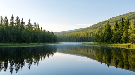 Obraz premium Tranquil reflections a stunning view of a serene lake surrounded by lush green forests and majestic mountains