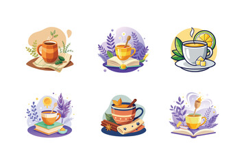 cup of tea with leaves vector icon set 