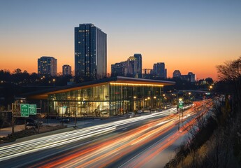 Obraz premium City Highway with Light Trails at Sunset