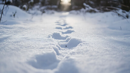 Obraz premium Fresh deer tracks in freshly fallen snow create serene winter scene
