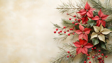 Delicate floral arrangement with Christmas colors, featuring poinsettias and berries