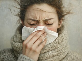 Woman Blowing Nose with Tissue