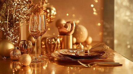 Festive table setting with gold accents and elegant decor creates warm atmosphere