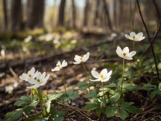 A cluster of delicate white flowers blooming on the forest floor amidst greenery.