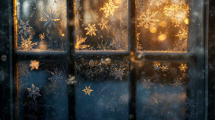 Frosted window with snowflakes and warm candlelight creates cozy atmosphere