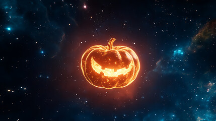 glowing Halloween pumpkin floating among stars creates magical atmosphere
