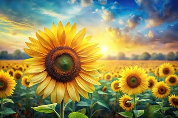Obraz premium Watercolor-style painting of a field of sunflowers with bright yellow petals and dark centers, floral, watercolor, illustration, botanical