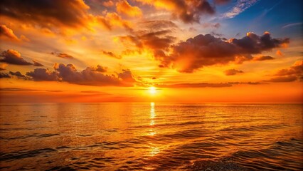 Warm orange hues of a sunset fade over a vast expanse of tranquil ocean waters, peaceful, gentle, horizon