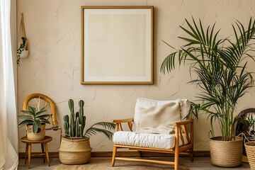 Mockup poster frame in modern interior background.
