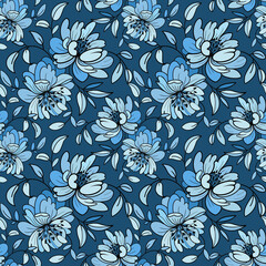 Seamless pattern with blue peony flowers