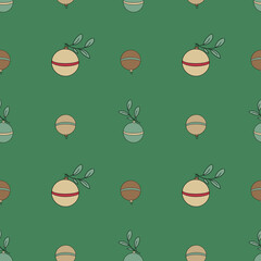 Seamless pattern with Christmas ornaments and leaves on a green background