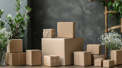 An assortment of various-sized brown cardboard boxes, some tied with twine, arranged on a wooden surface against a textured gray backdrop.