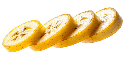 Floating Sliced Banana in Mid-Air on white and transparent background.