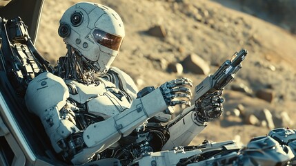 Fototapeta premium Robot in Cockpit Holding Energy Weapon