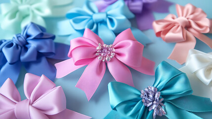 Colorful decorative gift bows made with ribbon and embellishments