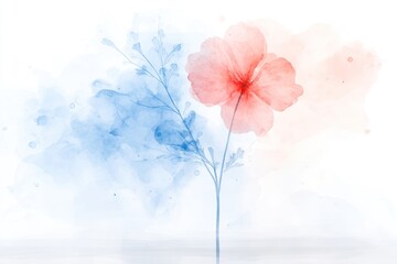 Marbled Ink Watercolor Texture with Pink and Blue Blossoms on White Background