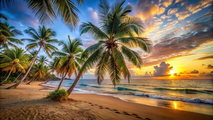 Obraz premium Tropical island beach scene at sunset with palm trees swaying gently in the breeze, tropical scenery, peaceful landscape, tranquil environment, sunset over palm trees, sandy beach