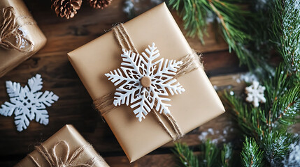 Beautifully wrapped gift with snowflake decoration, perfect for holidays