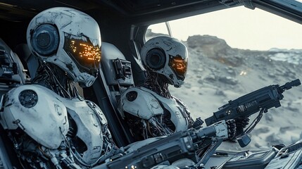 Obraz premium Robots in Cockpit Holding Weapons Close Up