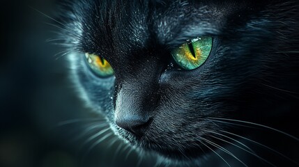 Close-up of a black cat with striking yellow-green eyes, showcasing its intense gaze.