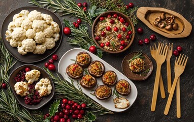 A festive holiday table showcasing a plant-based feast with roasted cauliflower, vegan stuffed mushrooms, and a warm grain salad, all served on biodegradable plates with bamboo cutlery