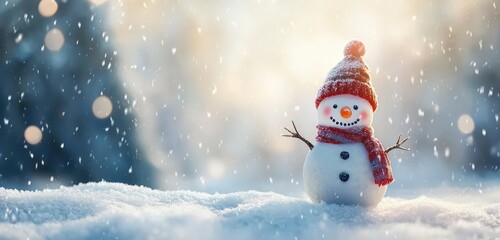 Cheerful snowman in a wintry landscape, perfect for seasonal New Year cards.