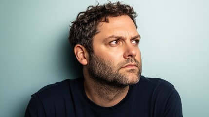 Fototapeta premium A man with a contemplative expression against a light background.