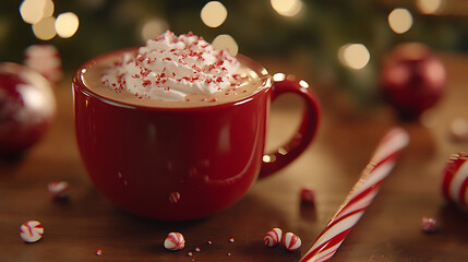 Creamy peppermint mocha in red mug with festive decorations around