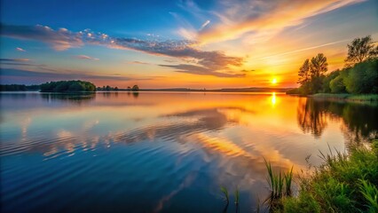 Obraz premium Softly fading light of sunset casting long shadows across a serene lake at dusk, water, serene lake, fading light, evening sky, long shadows