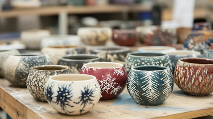 Handcrafted pottery bowls with winter themed designs displayed on wooden table
