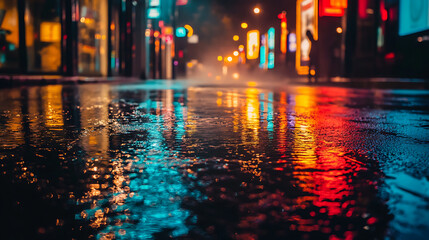 Fototapeta premium Rain soaked street at night with neon lights reflecting beautifully