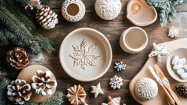 Craft winter themed pottery making session with decorative items and pinecones