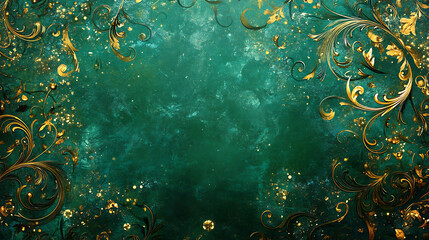 Rich emerald green background with glimmering golden ornaments and intricate designs