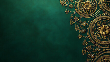 Elegant emerald green background with intricate golden ornaments