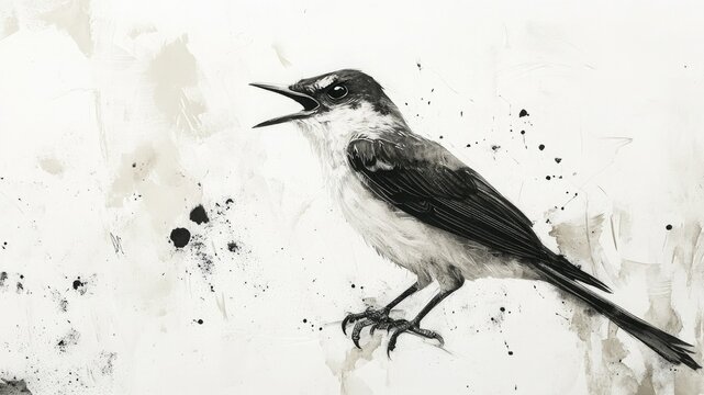 Abstract drawing of a mockingbird on white paper, sketched with minimalist lines. Ideal as a background or backdrop, perfect for creative, artistic projects.
