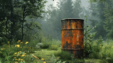 Fototapeta premium A close-up of an old, rusty, flat-topped metal barrel surrounded by a vibrant forest environment, highlighting the contrast between industrial waste and natural greenery.