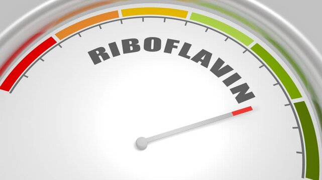 Riboflavin level on measure scale. Instrument scale with arrow. Vitamin B2. Dietary supplement. It is essential to the formation of two major coenzymes. 3D render
