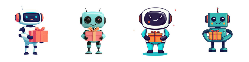 Colorful of Cute and Friendly Cartoon Cyborg Characters Holding Gifts and Presents in a Futuristic Digital Technology Setting