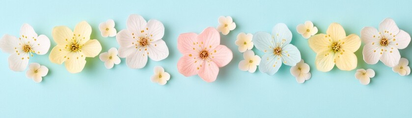 Fototapeta premium A colorful arrangement of flowers on a soft blue background, evoking a cheerful atmosphere.