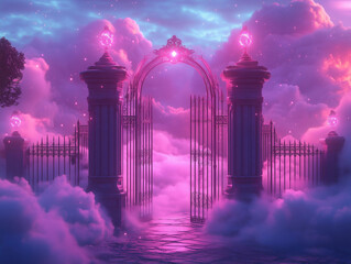 Ornate Pink Gate Surrounded by Clouds and Starry Sky, Fantasy Entrance to a Dreamy Celestial World