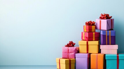 Obraz premium Colorful stacked presents with bows against a light blue background.