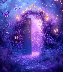 Golden Archway Adorned with Purple Flowers, Illuminated in a Starry Sky with Butterflies, Portal to a Mystical Realm