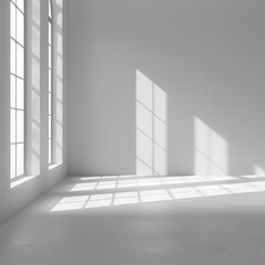 Obraz premium A minimalist interior with large windows casting shadows on a white wall and floor.