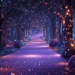 Sparkling Glitter Path Through Enchanted Forest with Twinkling Lights