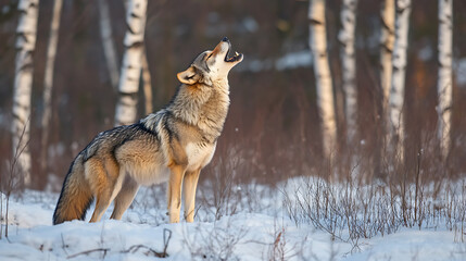 Obraz premium Howling wolf in winter forest at dusk, surrounded by birch trees