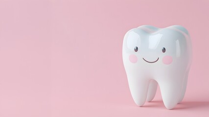 Cute tooth with smile on a pink background. Concept for dental, medicine, health design.
